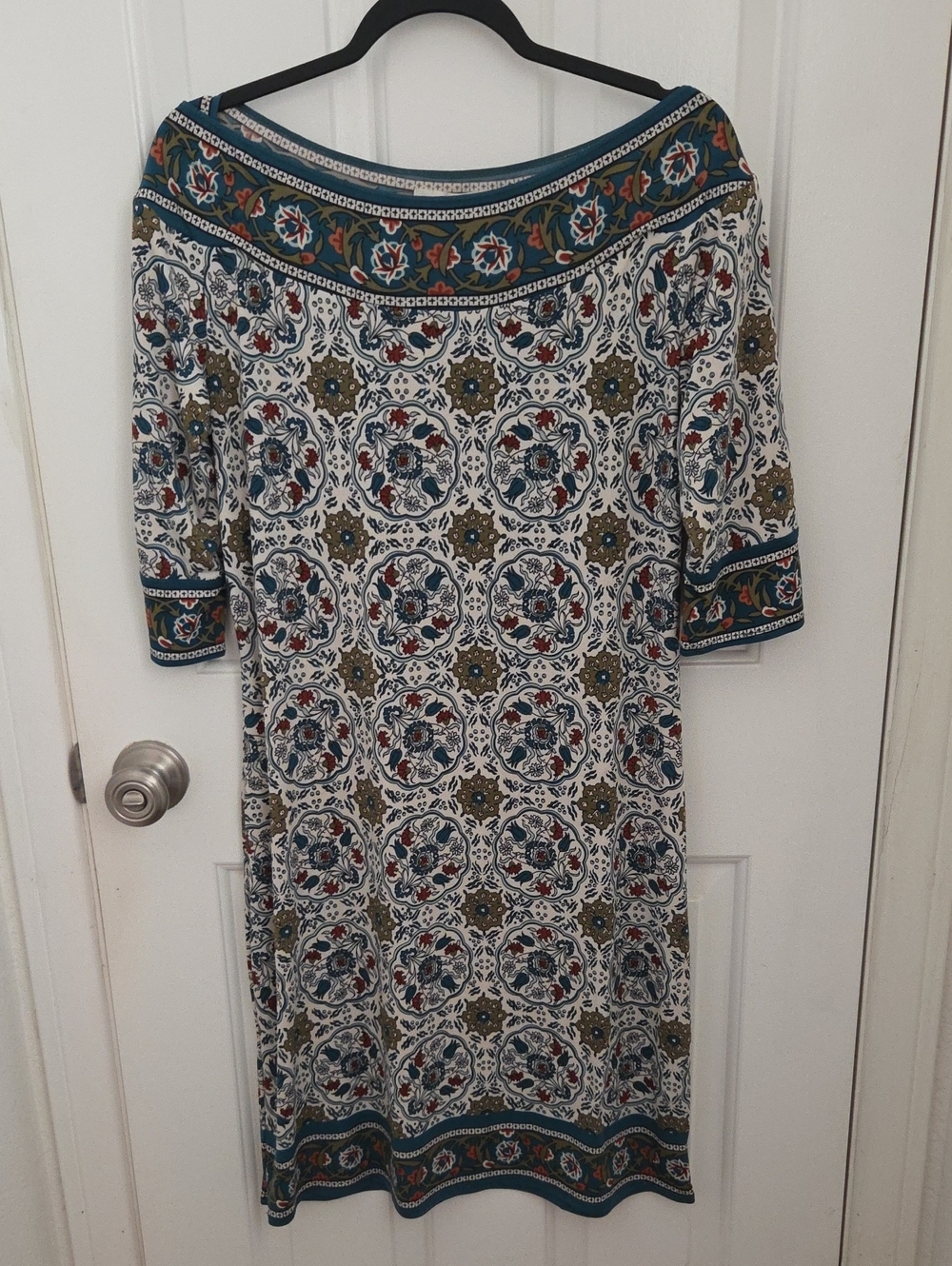 Max Studio Cream Dress with Teal and Rust Medallion Print